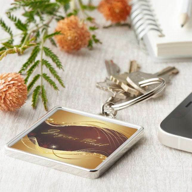 Golden Christmas motive with red background... Keychain (Side)