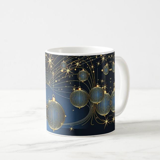 Golden Christmas Ornaments Navy Blue Coffee Mug (Front Right)