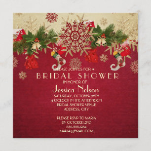 Golden Christmas Ornaments Red Bridal Shower Invitation