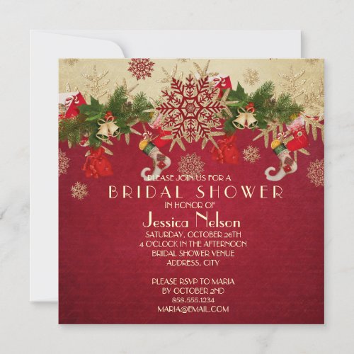 Golden Christmas Ornaments Red Bridal Shower Invitation