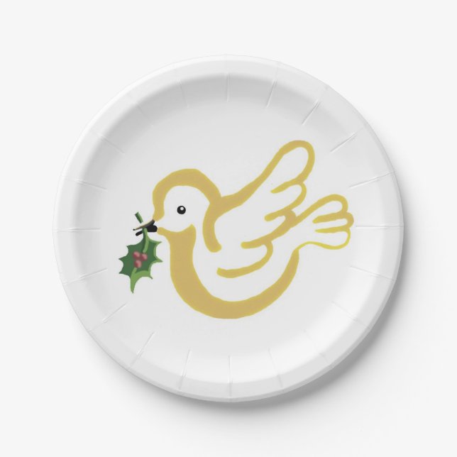 Golden Christmas peace dove with holly Paper Plates (Front)