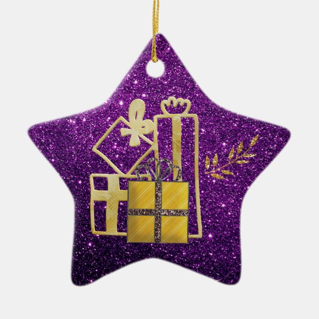 Golden Christmas Presents Purple Faux Glitter Ceramic Ornament (Front)
