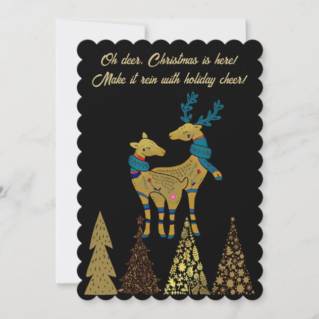 Golden Christmas Reindeer Couple Pine Trees Black Holiday Card (Front)