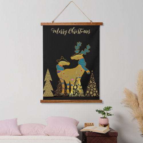 Golden Christmas Reindeer Couple Trees Wall Decor Hanging Tapestry