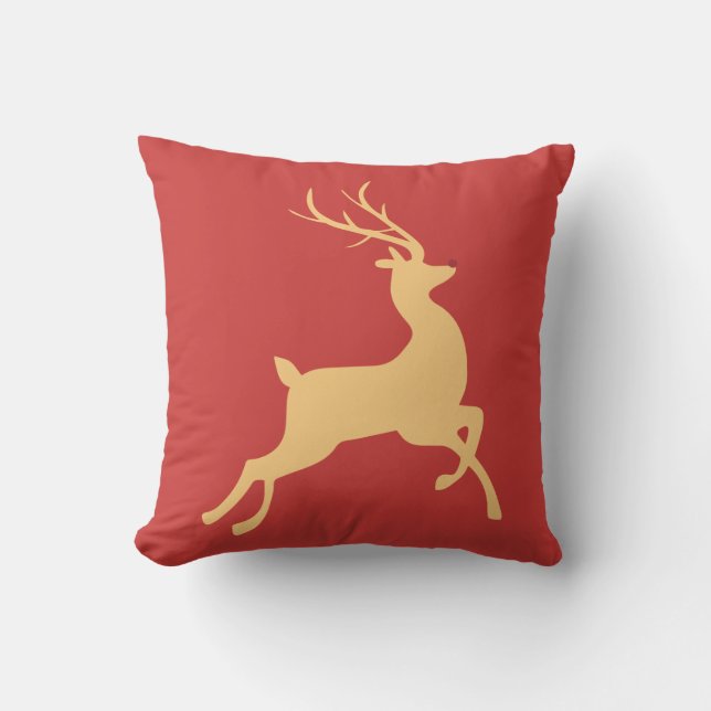 Golden Christmas Reindeer Jumping Outdoor Pillow (Front)