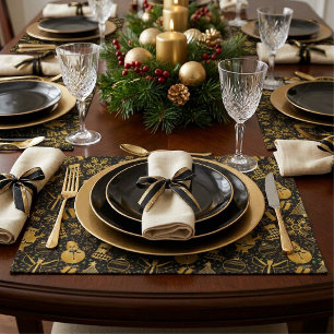 Golden Christmas Santa Snowman Cloth Placemat