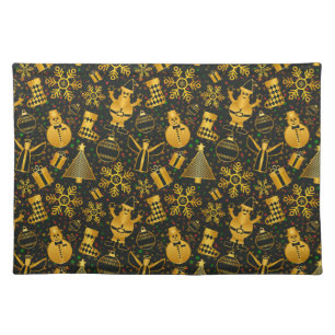 Golden Christmas Santa Snowman Cloth Placemat