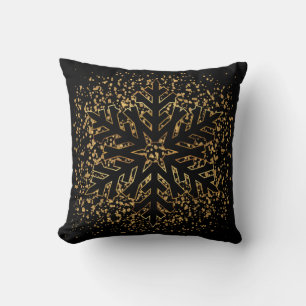 Golden Christmas Snowflake in Black Throw Pillow