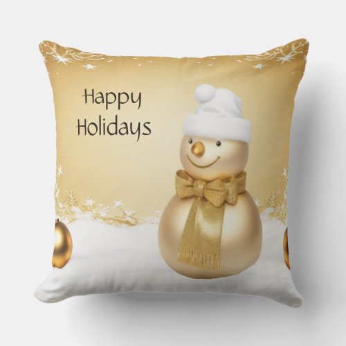 Golden Christmas Snowman Holiday Throw Pillow