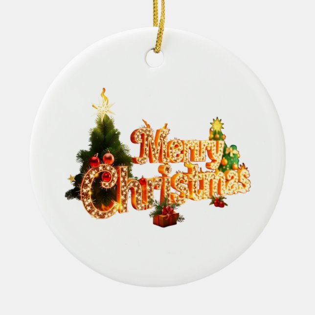 Golden Christmas Sparkle - Festive Tree Ceramic Ornament (Front)