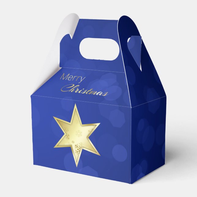 Golden Christmas Star Blue Bokeh Favor Boxes (Front Side)