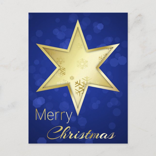 Golden Christmas Star Blue Bokeh Holiday Postcard (Front)