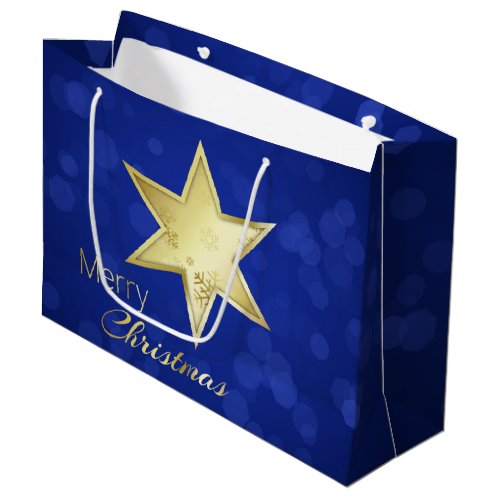Golden Christmas Star Blue Bokeh Large Gift Bag