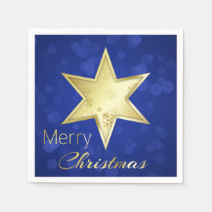 Golden Christmas Star Blue Bokeh Napkins