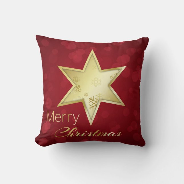 Golden Christmas Star Red Bokeh Throw Pillow (Front)