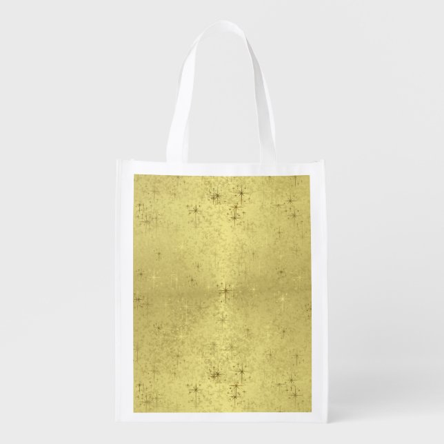 Golden Christmas Stars on Foil Paper Reusable Grocery Bag (Front)