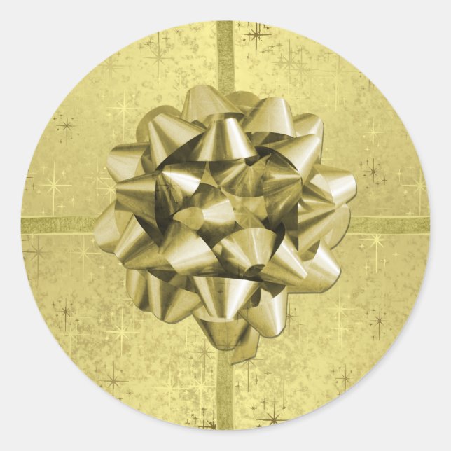 Golden Christmas Stars, Ribbons & Bow on Foil Classic Round Sticker (Front)