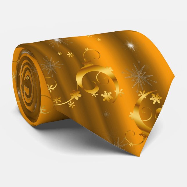 Golden Christmas Stars, Swirls on Gold Neck Tie (Rolled)