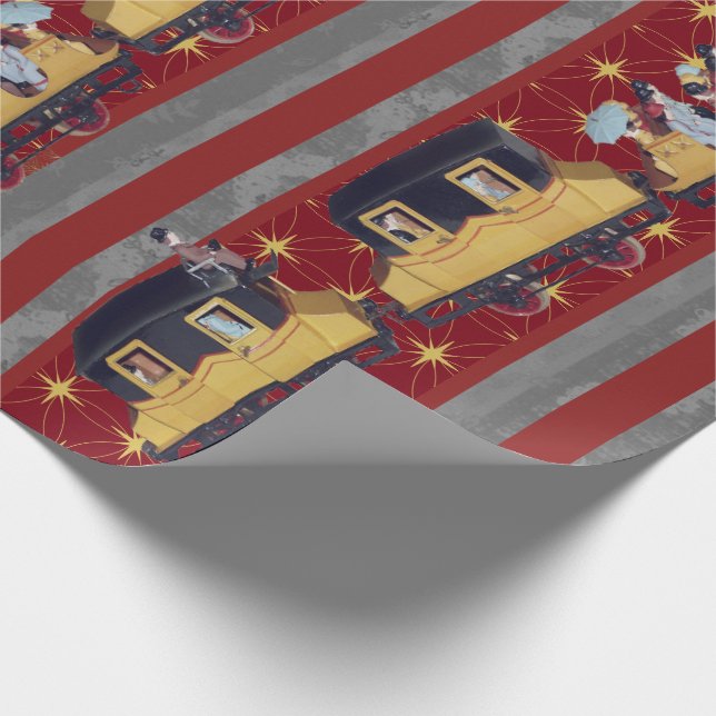 Golden Christmas Train Stripes Burgundy Gray Wrapping Paper (Corner)