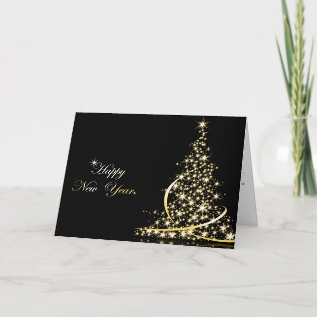 Golden Christmas Tree and New Year Greeting Card (Front)