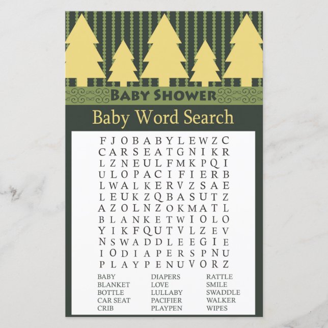 Golden Christmas Tree Baby Shower Word Search Game (Front)