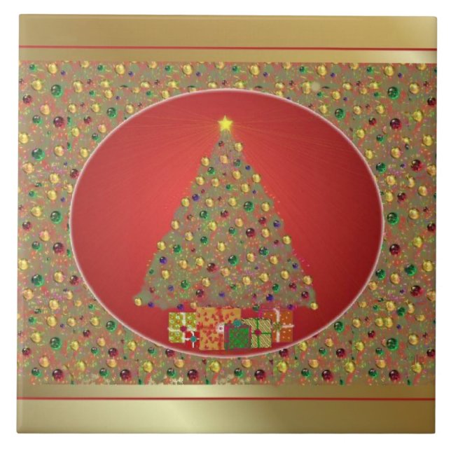 Golden Christmas Tree Ceramic Tile (Front)