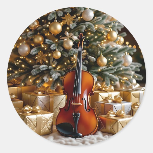 Golden Christmas Tree, Gifts and Violin Classic Round Sticker (Front)