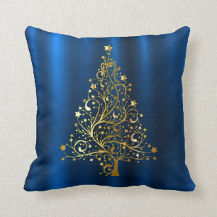 Golden Christmas Tree Navy Blue Holidays Throw Pillow