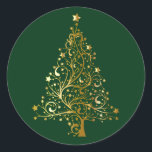 Golden Christmas Tree on Black Classic Round Sticker<br><div class="desc">Christmas tree in shades of golden yellow shading to simulate metallic gold. The Christmas tree is comprised of sweeping lines with star ornaments and topped with a gold star. Set on dark green.</div>