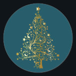 Golden Christmas Tree on Dark Teal Classic Round Sticker<br><div class="desc">Christmas tree in shades of golden yellow shading to simulate metallic gold. The Christmas tree is comprised of sweeping lines with star ornaments and topped with a gold star. Set on dark teal blue.</div>