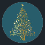 Golden Christmas Tree on Dark Teal Classic Round Sticker<br><div class="desc">Christmas tree in shades of golden yellow shading to simulate metallic gold. The Christmas tree is comprised of sweeping lines with star ornaments and topped with a gold star. Set on dark teal blue.</div>