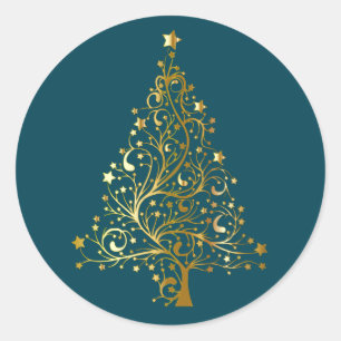 Golden Christmas Tree on Dark Teal Classic Round Sticker
