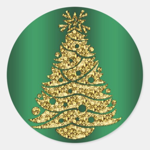 Golden Christmas Tree on Green Classic Round Sticker