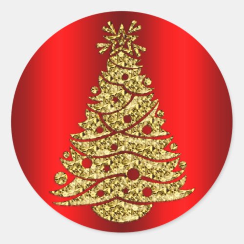 Golden Christmas Tree on Red Classic Round Sticker