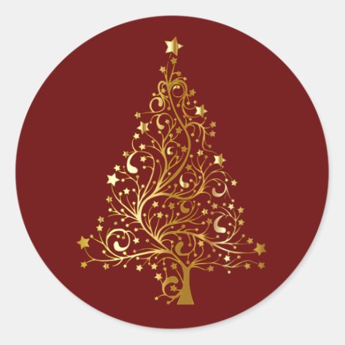 Golden Christmas Tree on Red Classic Round Sticker