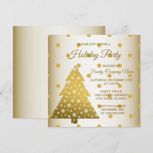 Golden Christmas Tree Polkadots Holidays Party Invitation (Front/Back)