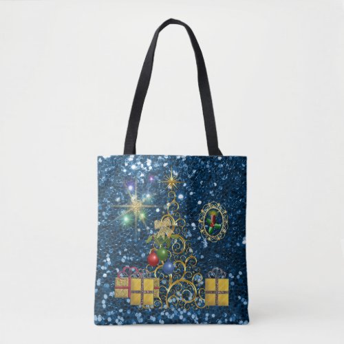 Golden Christmas Tree  Presents Blue Faux Glitter Tote Bag