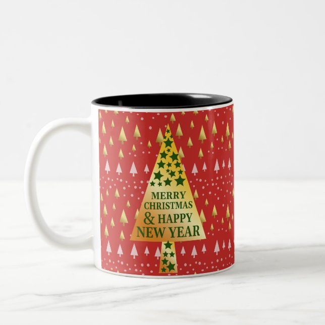 Golden Christmas tree - Red landscape Two-Tone Coffee Mug (Left)