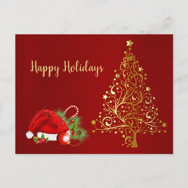 Golden Christmas Tree Red Santa Hat Holidays Postcard (Front)