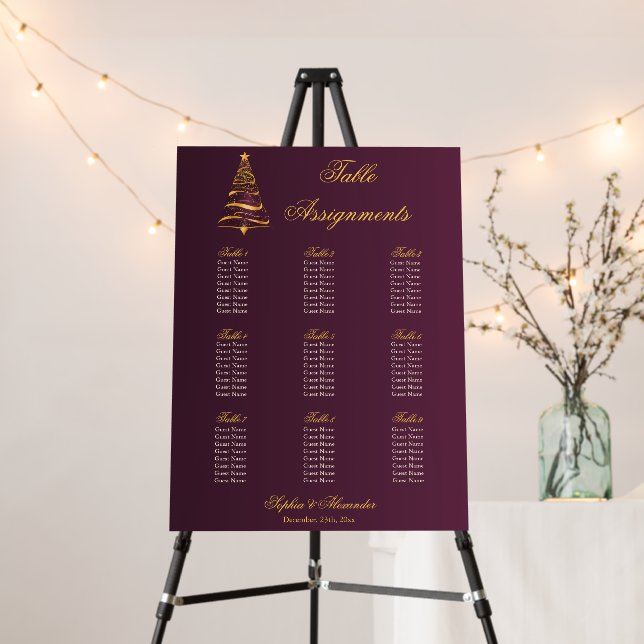 Golden Christmas Tree Wedding Table Seating Chart Foam Board (In Situ (Stand))