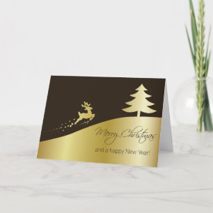 Golden Christmas Tree with Reindeer Holiday Card