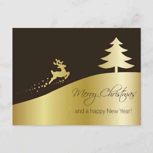 Golden Christmas Tree with Reindeer Holiday Postcard