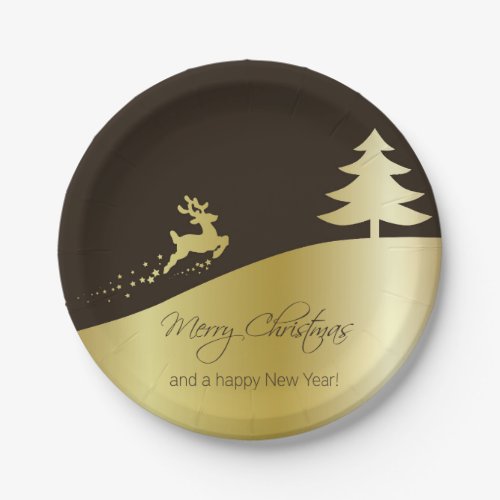 Golden Christmas Tree with Reindeer Paper Plates