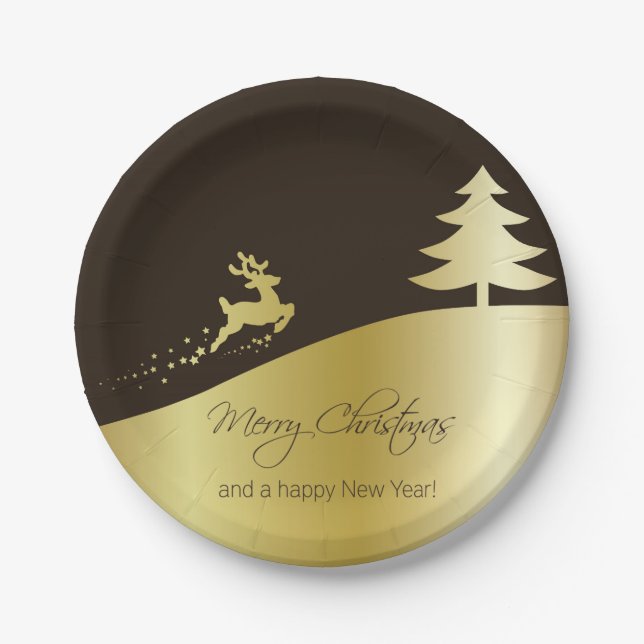 Golden Christmas Tree with Reindeer Paper Plates (Front)