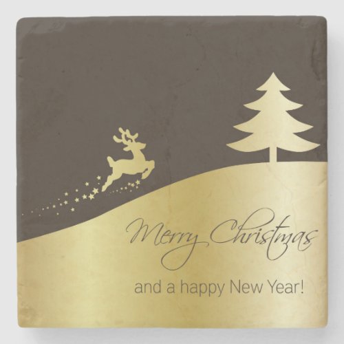 Golden Christmas Tree with Reindeer Stone Coaster
