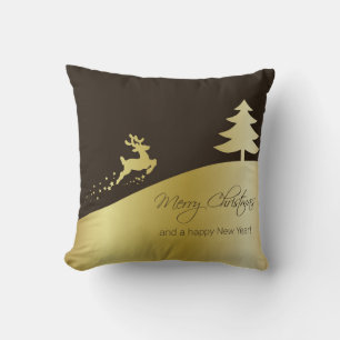 Golden Christmas Tree with Reindeer Throw Pillow