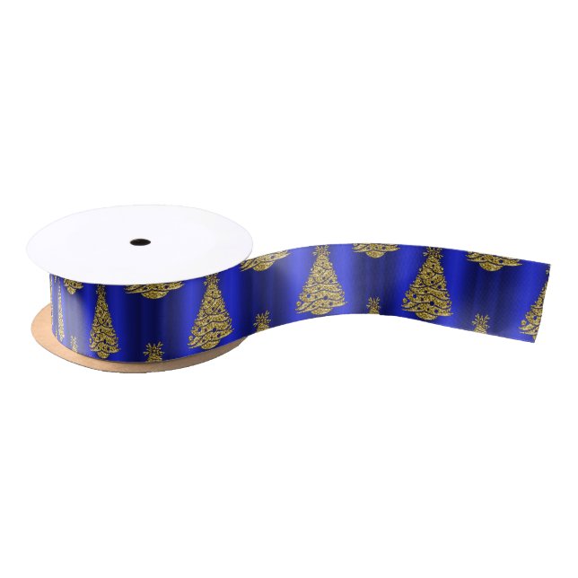 Golden Christmas Trees on Blue Satin Ribbon (Spool)