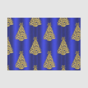 Golden Christmas Trees on Blue Tissue Paper