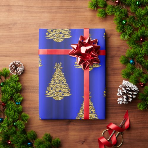 Golden Christmas Trees on Blue Wrapping Paper