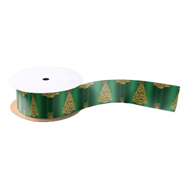 Golden Christmas Trees on Green Satin Ribbon (Spool)